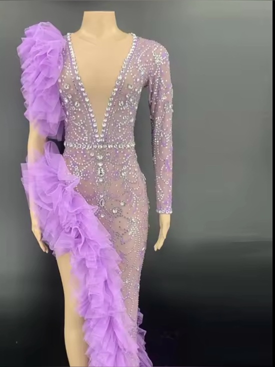 Dresses & Skirts - Lavender Rhinestone Evening Gown with Ruffle Detail